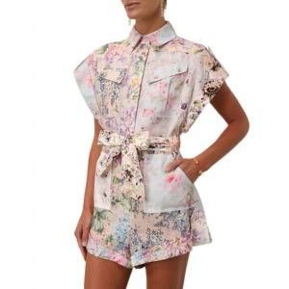 NWOT Zimmermann Halliday Cuffed Playsuit Romper Linen Floral Romantic Women 0P - Picture 1 of 10